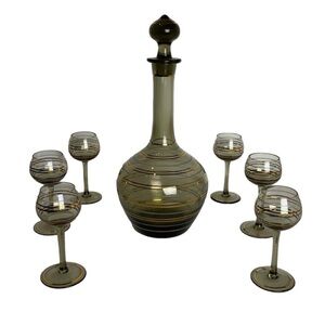 Vintage Bohemian Genie Bottle MCM Gold Striped Smokey Topaz Decanter Set